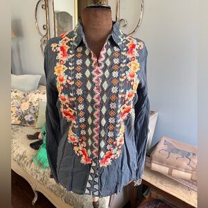Johnny Was Navy Floral Embroidered Button Down Shirt